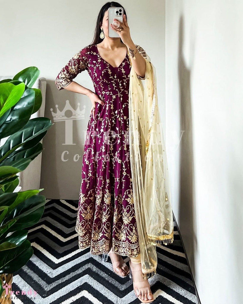 Wine Color Embroidery Sequence Work Gown with Dupatta Clothsvilla