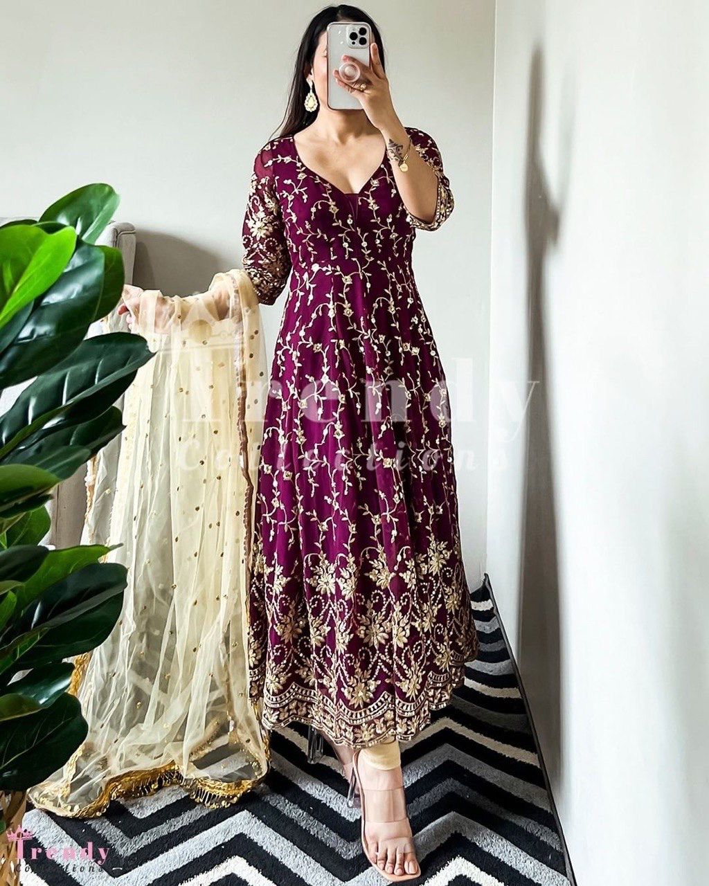 Wine Color Embroidery Sequence Work Gown with Dupatta Clothsvilla