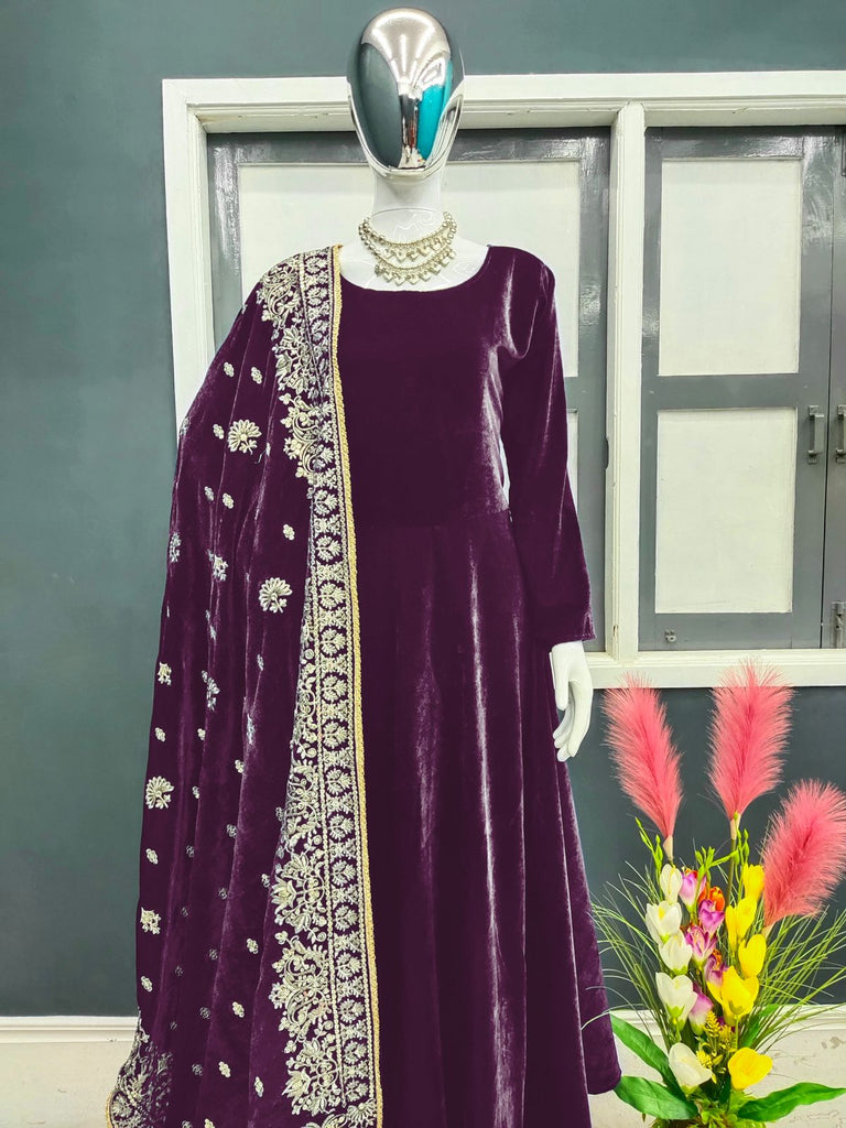 Designer Wine Color Velvet Gown With Embroidery Work Dupatta Clothsvilla
