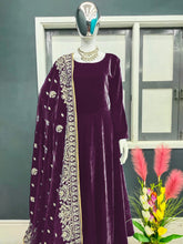 Load image into Gallery viewer, Designer Wine Color Velvet Gown With Embroidery Work Dupatta Clothsvilla