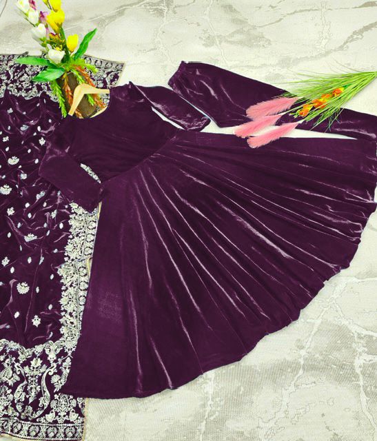 Designer Wine Color Velvet Gown With Embroidery Work Dupatta Clothsvilla