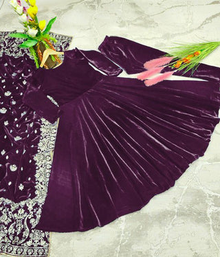 Designer Wine Color Velvet Gown With Embroidery Work Dupatta Clothsvilla