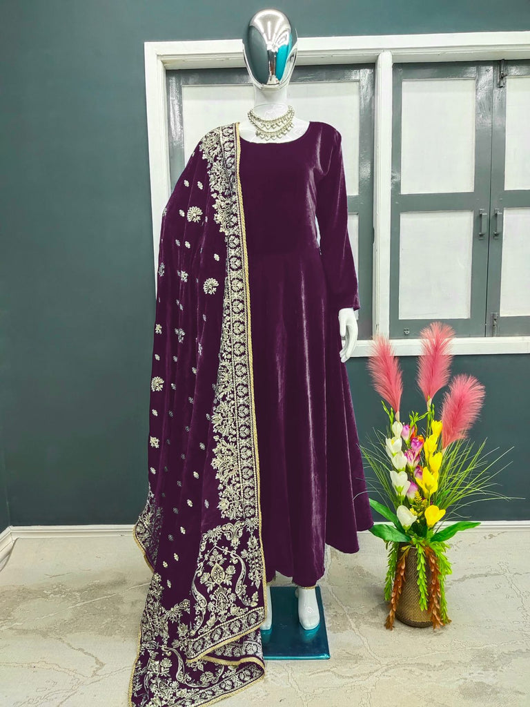 Designer Wine Color Velvet Gown With Embroidery Work Dupatta Clothsvilla
