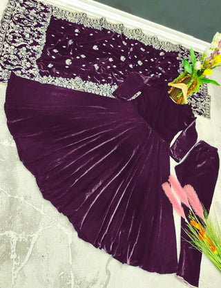 Designer Wine Color Velvet Gown With Embroidery Work Dupatta Clothsvilla