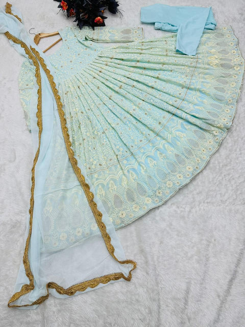 Awesome Sky Blue Embroidery Work Gown Main image