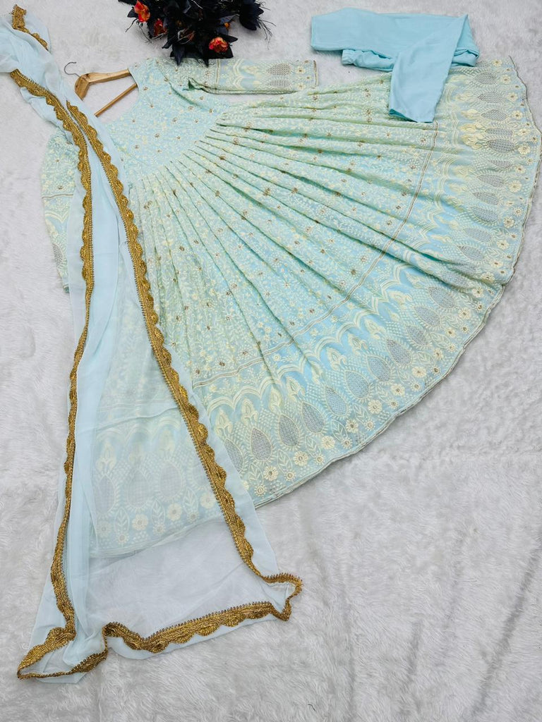 Awesome Sky Blue Embroidery Work Gown