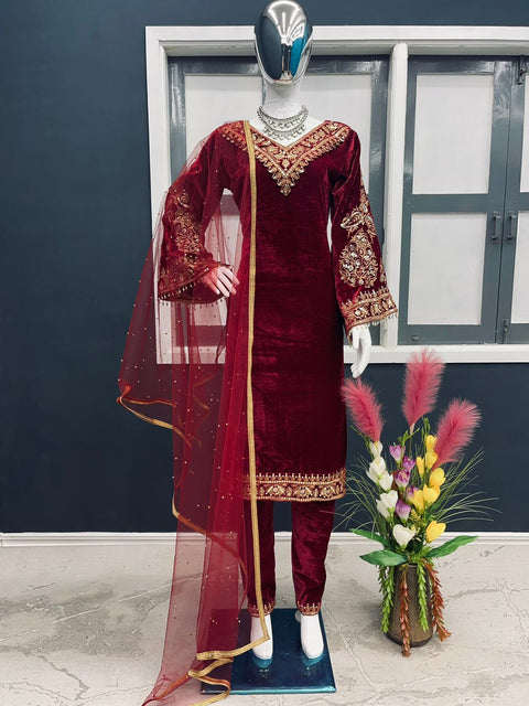 Delightful Maroon Color Viscose Velvet Salwar Suit Clothsvilla Main image