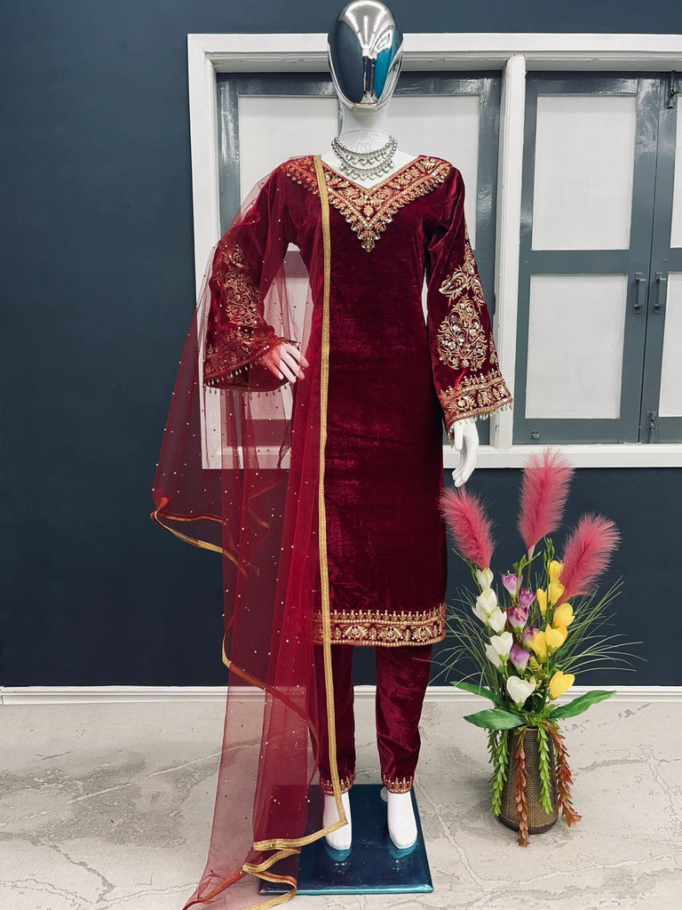 Delightful Maroon Color Viscose Velvet Salwar Suit Clothsvilla