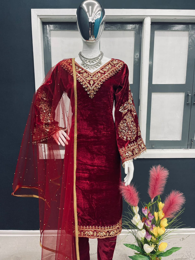 Delightful Maroon Color Viscose Velvet Salwar Suit Clothsvilla