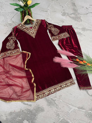 Delightful Maroon Color Viscose Velvet Salwar Suit Clothsvilla