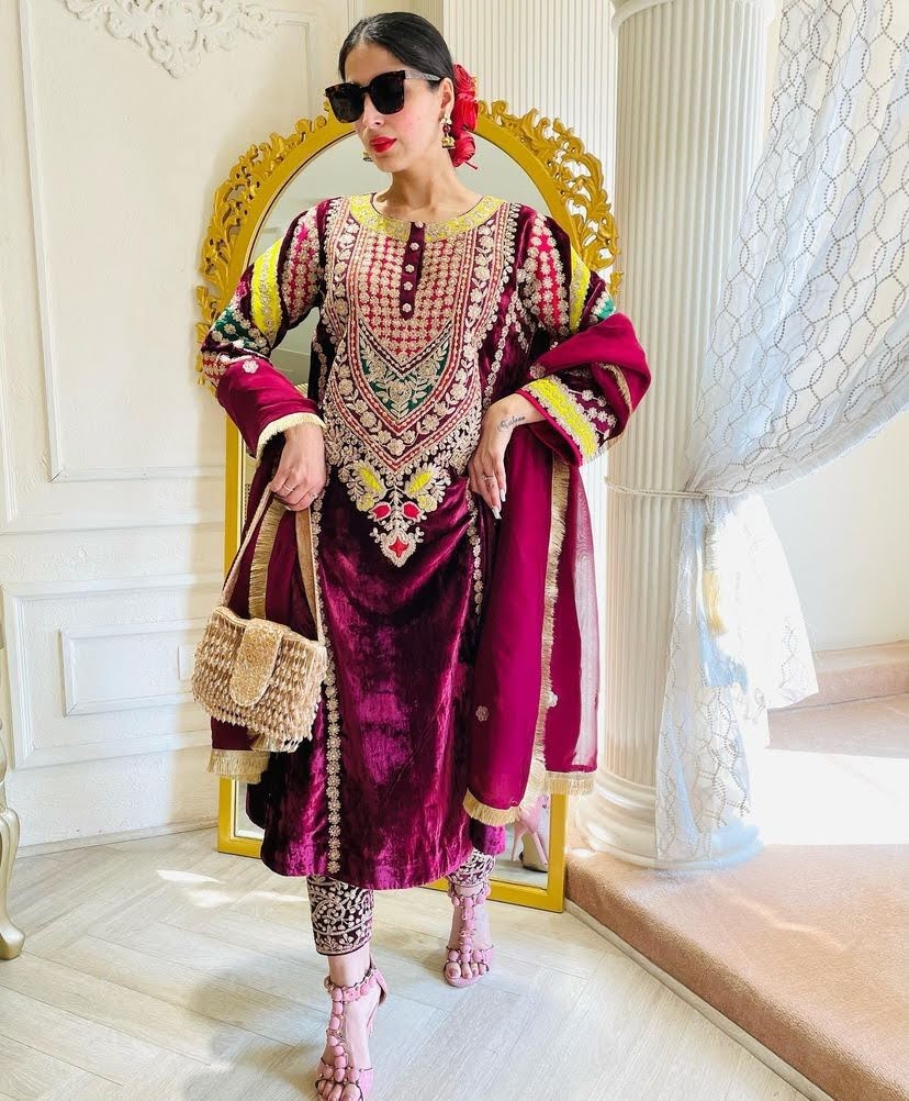 Gorgeous Embroidered Work Wine Color Velvet Salwar Suit Clothsvilla
