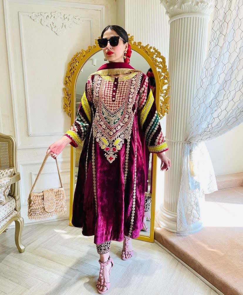 Gorgeous Embroidered Work Wine Color Velvet Salwar Suit Clothsvilla