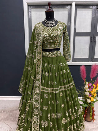 Stylish Mehendi Color Sequence Work Lehenga Choli Clothsvilla