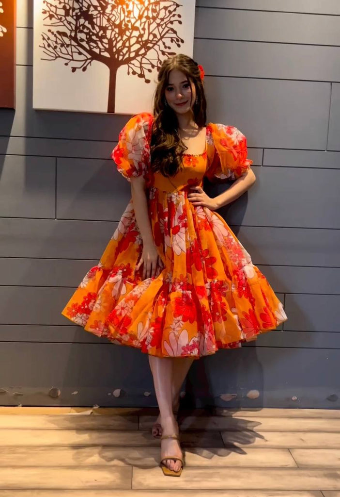 Orange Color Floral Printed Organza Dress Clothsvilla