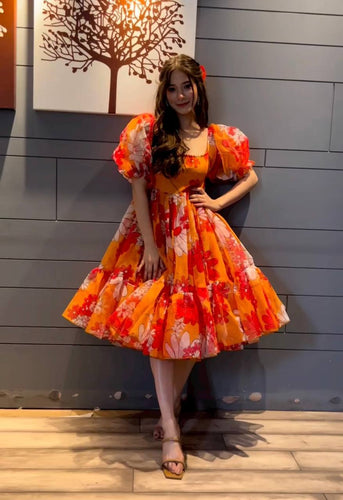 Orange Color Floral Printed Organza Dress Clothsvilla