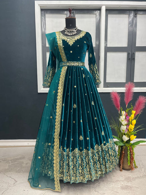 Adorable Teal Green Color Sequence Work Velvet Gown Clothsvilla Main image