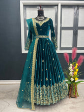 Load image into Gallery viewer, Adorable Teal Green Color Sequence Work Velvet Gown Clothsvilla