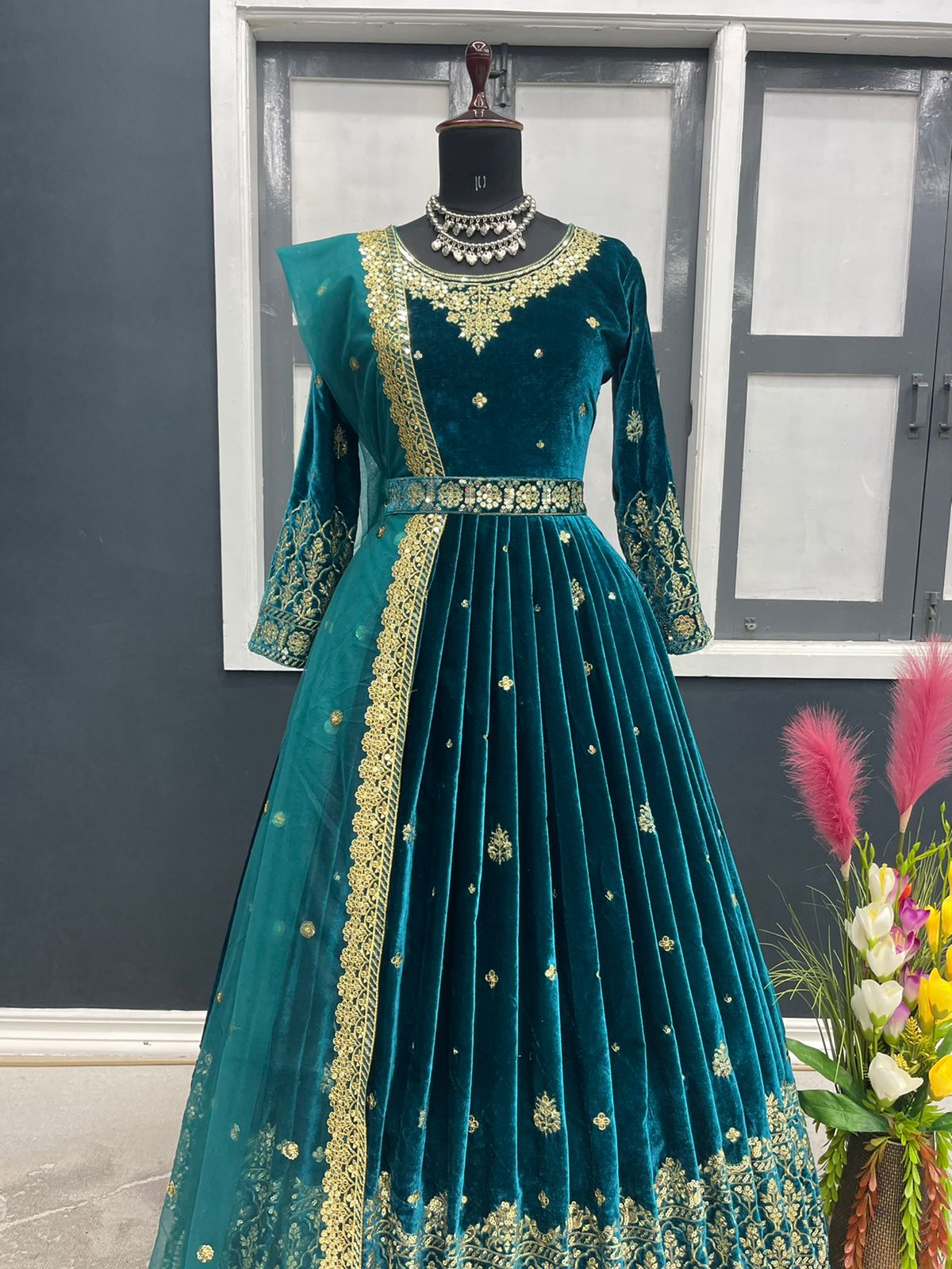 Adorable Teal Green Color Sequence Work Velvet Gown Clothsvilla