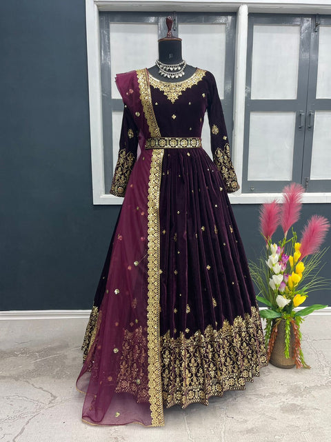 Adorable Wine Color Sequence Work Velvet Gown Clothsvilla Main image