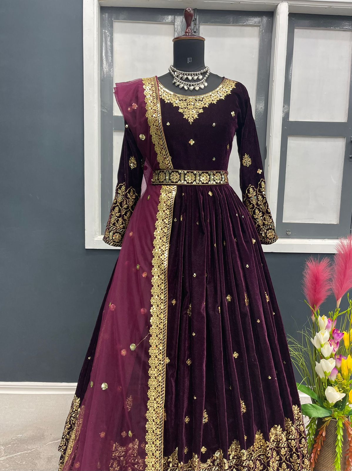 Adorable Wine Color Sequence Work Velvet Gown Clothsvilla