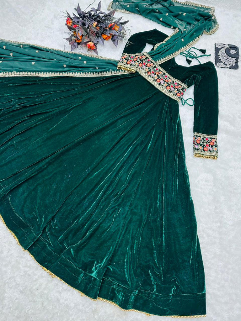 Embroidery Sequence With Moti Work Green Color Velvet Gown Clothsvilla