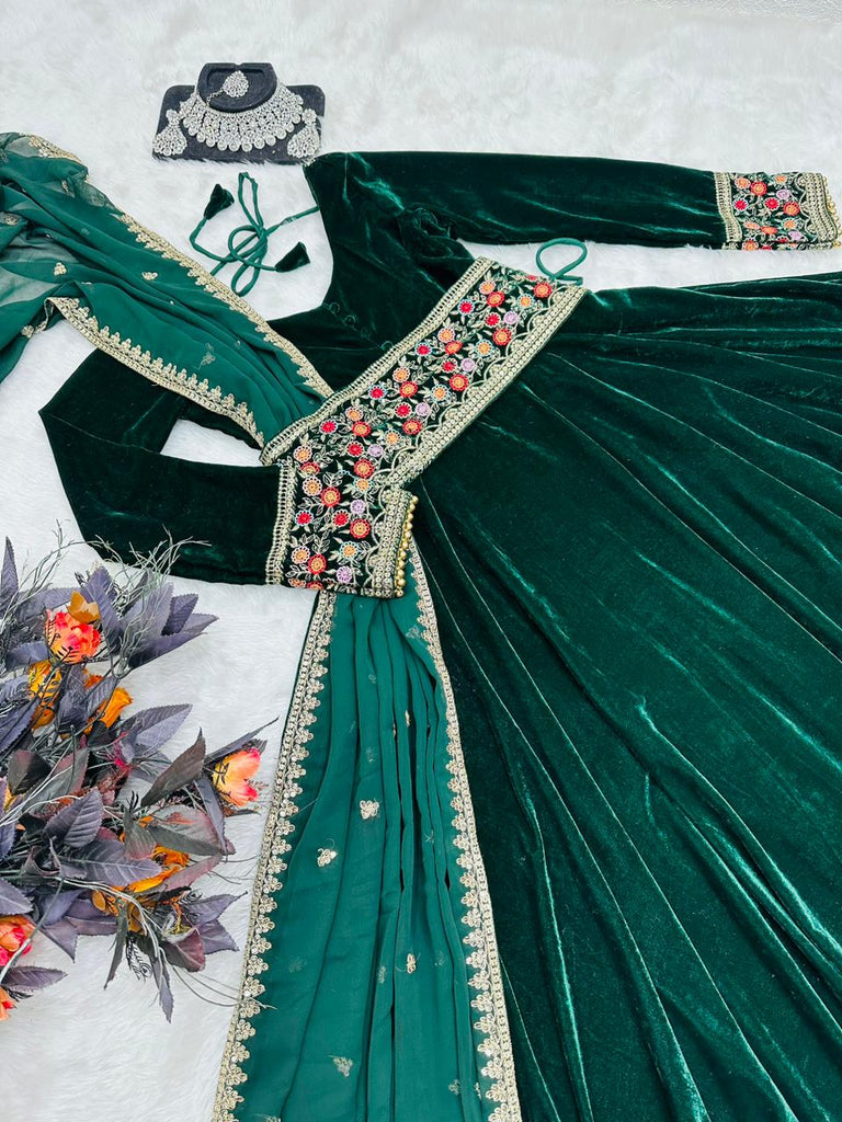 Suit Aqua Green Velvet Dress Embroidery Sequence With Moti Work Green Color Velvet Gown Suit Aqua Green Velvet Dress Embroidery Sequence With Moti Work Green Color Velvet Gown