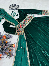 Load image into Gallery viewer, Embroidery Sequence With Moti Work Green Color Velvet Gown Clothsvilla
