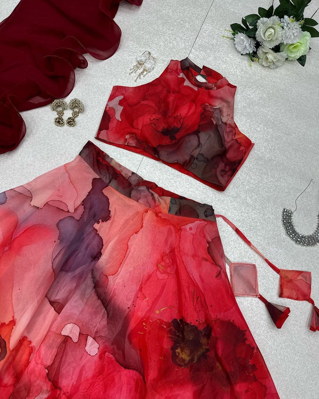 Amazing Organza Red Color Printed Lehenga Choli