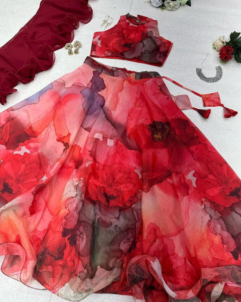 Amazing Organza Red Color Printed Lehenga Choli Main image