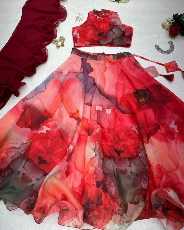 Amazing Organza Red Color Printed Lehenga Choli