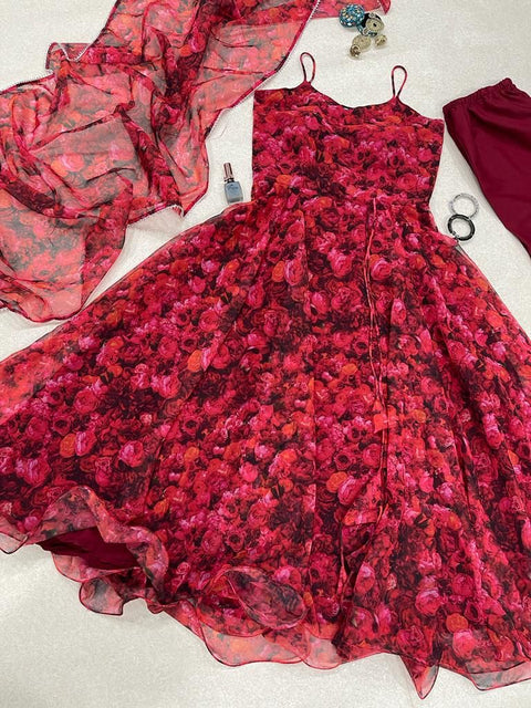 Wonderful Red Color Floral Printed Anarkali Gown Main image