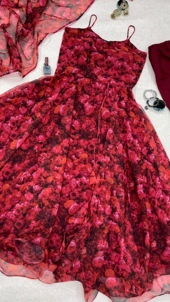 Wonderful Red Color Floral Printed Anarkali Gown