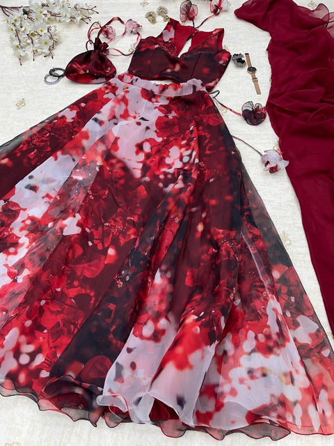 Maroon Color Digital Printed Organza Silk Lehenga Main image