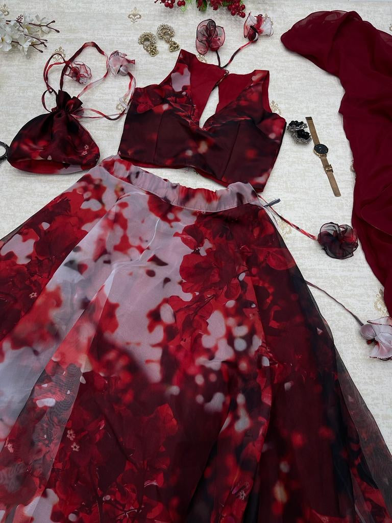 Maroon Color Digital Printed Organza Silk Lehenga