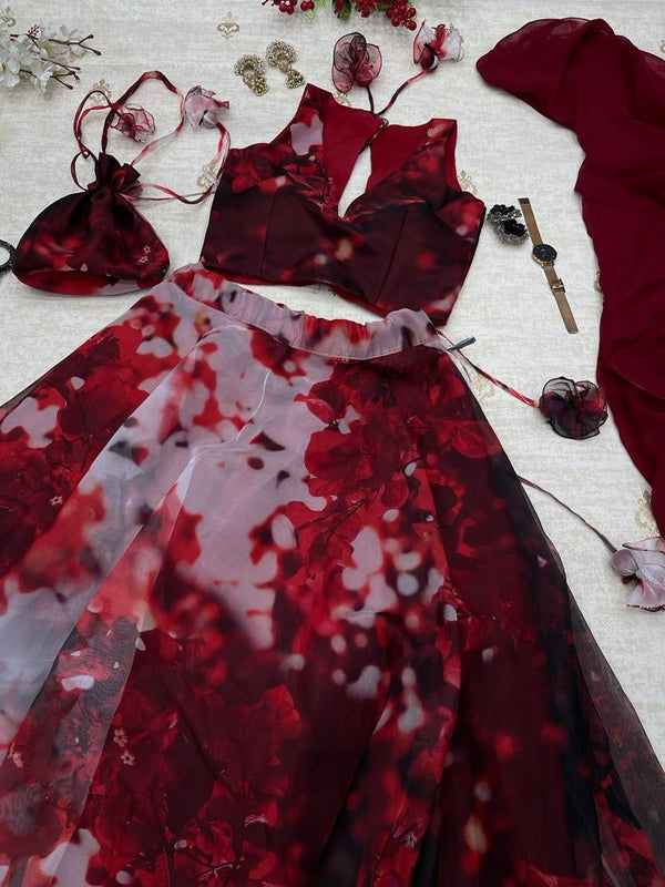 Maroon Color Digital Printed Organza Silk Lehenga