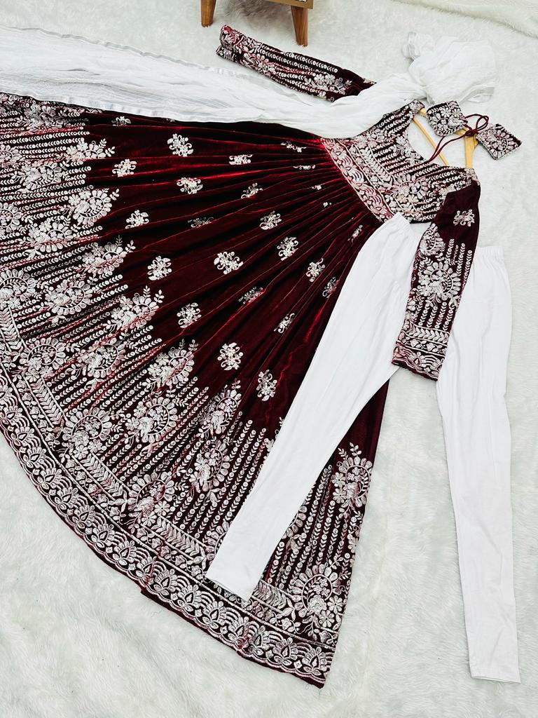 Fancy Maroon Color Embroidery Sequence Work Velvet Gown Clothsvilla