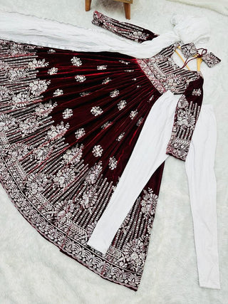 Fancy Maroon Color Embroidery Sequence Work Velvet Gown Clothsvilla