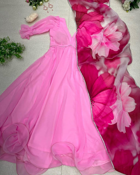 Marvelous Light Pink Plain Gown with Floral Print Dupatta Clothsvilla Main image