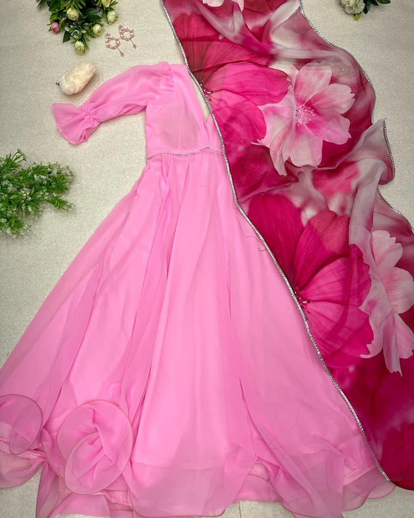 Marvelous Light Pink Plain Gown with Floral Print Dupatta - Marvelous Light Pink Plain Gown with Floral Print Dupatta -