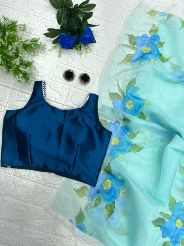 Party Wear Floral Printed  Aqua Green Color Hand Work Organza Saree Clothsvilla