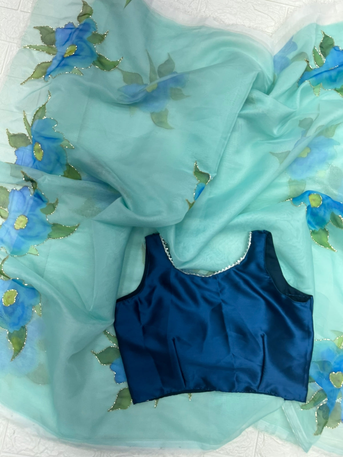 Party Wear Floral Printed  Aqua Green Color Hand Work Organza Saree Clothsvilla