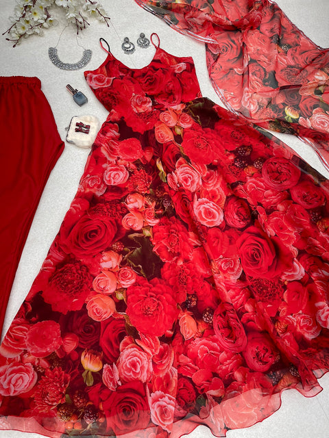 Attractive Rose Printed Red Color Anarkali Suit Clothsvilla Main image