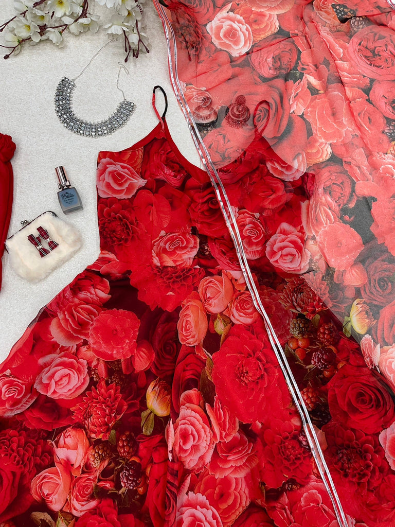 Attractive Rose Printed Red Color Anarkali Suit Clothsvilla