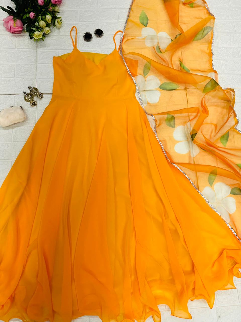 Glittering Look Yellow Color Anarkali Gown with Organza Dupatta Clothsvilla