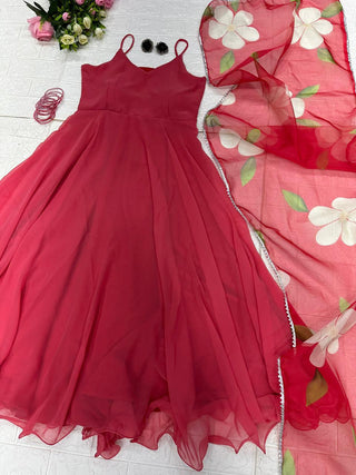 Adorable Look Red Color Anarkali Gown With Organza Dupatta Clothsvilla