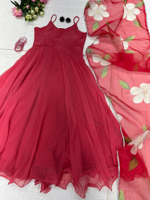 Adorable Look Red Color Anarkali Gown With Organza Dupatta Clothsvilla Main image