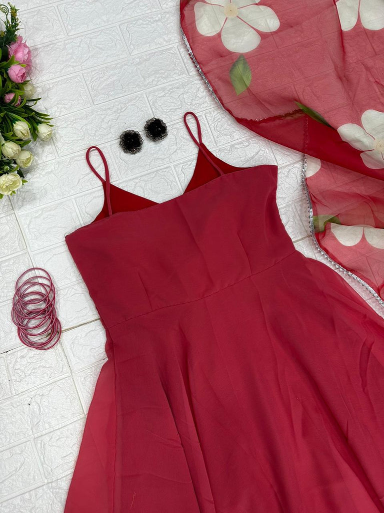 Adorable Look Red Color Anarkali Gown With Organza Dupatta Clothsvilla