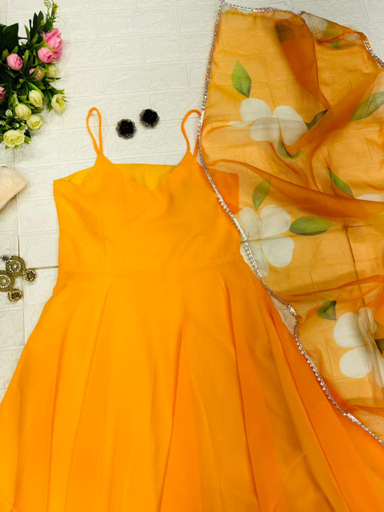 Glittering Look Yellow Color Anarkali Gown with Organza Dupatta Clothsvilla