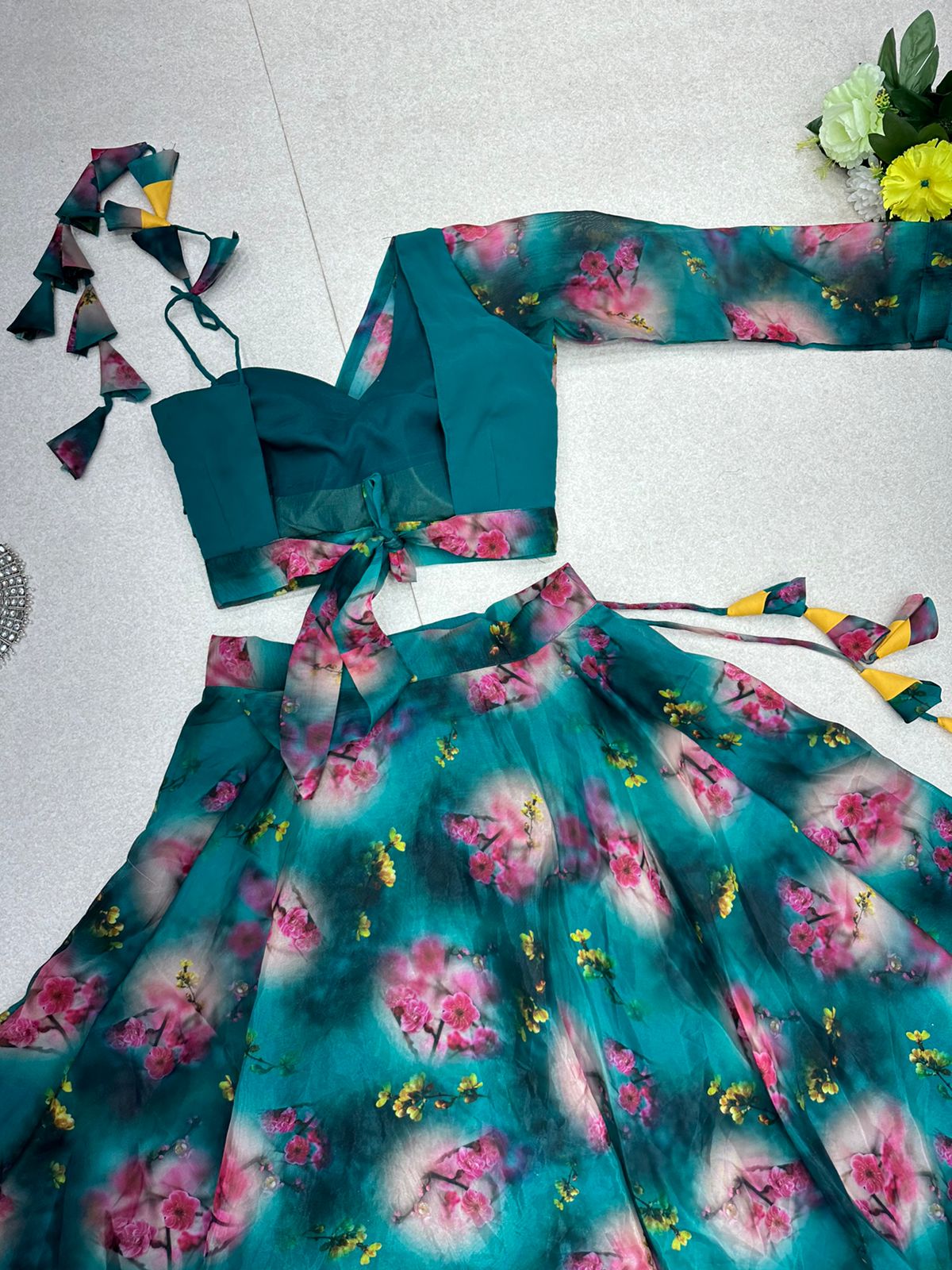 Marvelous Floral Printed Teal Blue Color Lehenga With One Shoulder Blouse Clothsvilla