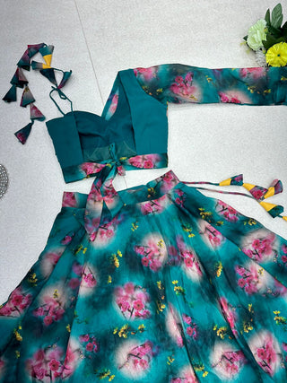 Marvelous Floral Printed Teal Blue Color Lehenga With One Shoulder Blouse Clothsvilla